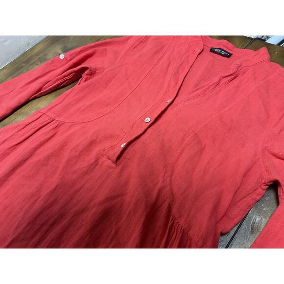 Francesca Bettini Dress Small Red Linen Blend Italy 3/4 Roll Tab Sleeve Boho - Picture 5 of 14